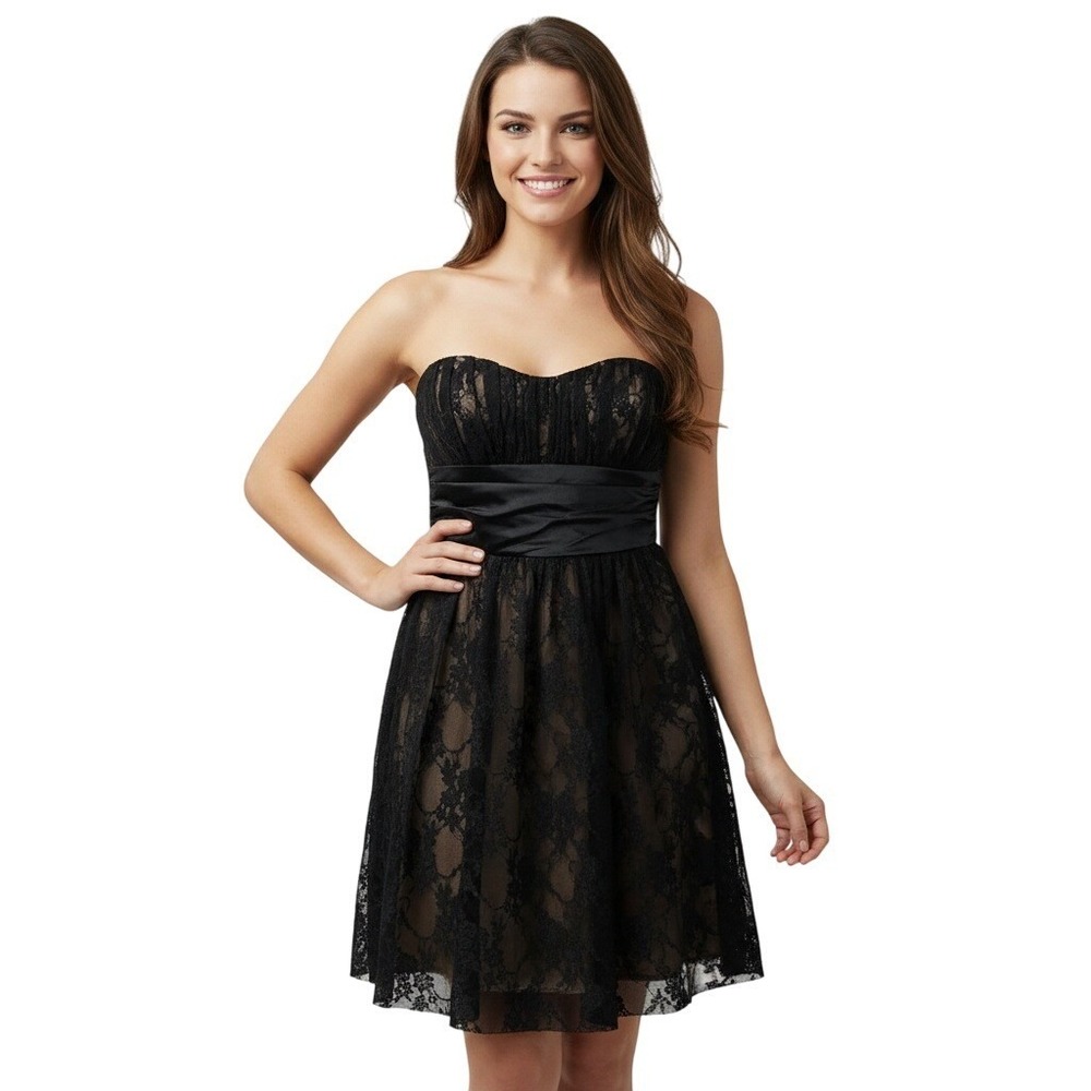 Speechless Fit Flare Strapless Dress Size S  Black Lace Beige‎ Floral Sweetheart